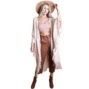 Ruana Duster Cardigan with Frayed Fringe in Beige Cream Crochet Boho Fall NEW